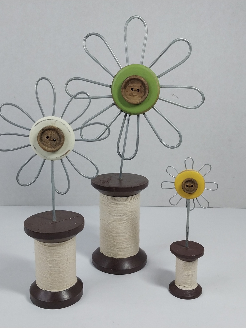 Wood Spool Wire Flowers Folk Art Farmhouse Style Whimsy Set 3 Primitive Cabin